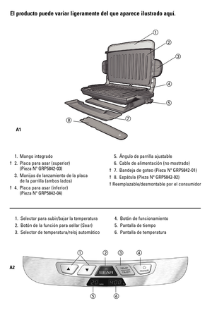 Page 22El producto puede variar ligeramente del que aparece ilustrado aquí.
 1. Mango integrado 
† 2. Placa para asar (superior)    0IEZA.Ž20
	
 3. Manijas de lanzamiento de la placa    de la parrilla (ambos lados)
† 4. Placa para asar (inferior)    0IEZA.Ž20
	
 5. Ángulo de parrilla ajustable
 6. Cable de alimentación (no mostrado)
†  ANDEJADEGOTEO0IEZA.Ž20
	
†  %SP