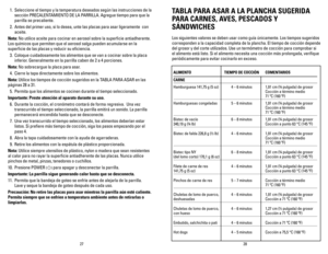 Page 15
2827
  1. Seleccione el tiempo y la temperatura deseados según las instrucciones de la 
sección PRECALENTAMIENTO DE LA PARRILLA. Agregue tiempo para que la 
parrilla se precaliente.
  2.  Antes del primer uso, si lo desea, unte las placas para asar ligeramente  con 
aceite.
Nota: No utilice aceite para cocinar en aerosol sobre la superficie antiadherente. 
Los químicos que permiten que el aerosol salga pueden acumularse en la 
superficie de las placas y reducir su eficiencia.
  3.  Coloque...