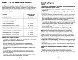 Page 17
3231
ASAR A LA PLANChA FRUTAS Y  vERDURAS
Los siguientes valores se deben usar como guía únicamente. Los tiempos sugeridos 
corresponden a la capacidad completa de la plancha. El tiempo de cocción 
depende del grosor del alimento. Introduzca un tenedor en el centro del alimento 
para comprobar si está listo. (Tenga cuidado de no tocar la placa de la plancha). Si 
el alimento necesita una cocción más prolongada, verifique periódicamente para 
evitar cocinarlo en exceso.
ALIMENTO   TIEMPO PARA ASAR  
  A...