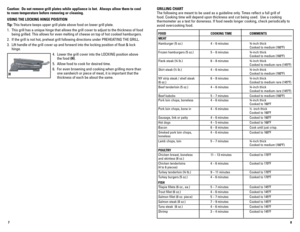 Page 58
7
Caution:  Do not remove grill plates while appliance is hot.  Always all\
ow them to cool 
to room temperature before removing or cleaning.
USING ThE LOCKING hINGE POISITION
Tip: This feature keeps upper grill plate above food on lower grill plate.
1. 
This grill has a unique hinge that allows the grill cover to adjust to t\
he thickness of food 
being grilled. This allows for even melting of cheese on top of hot cook\
ed hamburgers.
2.	 If	the	grill	is	not	hot,	preheat	grill	following	directions...