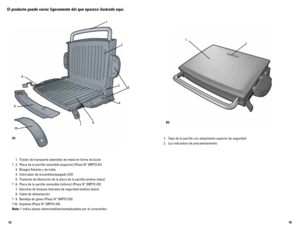 Page 91516
1. 
Tapa de la parrilla con alojamiento superior de seguridad
2.  Luz indicadora de precalentamiento
1
2
A2
El producto puede variar ligeramente del que aparece ilustrado aquí.
  1.  Tirador de transporte extendido de metal en forma de bucle
†	 2.	 Placa	 de	la	parrilla	 removible	 (superior)	(Pieza	N°	GRP72-01)
  3.  Bisagra flotante y de traba
  4.  Interruptor de encendido/apagado (I/O)
  5.  Tiradores de liberación de la placa de la parrilla (ambos lados)
†	 6.	 Placa	 de	la	parrilla	 removible...