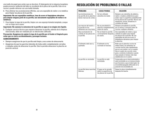 Page 15
28
29

PROBLEMA CAUSA POSIBLE  SOLUCIÓN
Las terminaciones de   Se han utilizado   Siempre use utensilios de plástico,  las parrilla de la plancha  utensilios de metal. nailon o madera antitérmicos para tienen marcas de cortes.    evitar rayar la superficie antiadherente    de las placas de la parrilla. Nunca use     espetones, pinzas, tenedores ni     cuchillos de metal.
Las marcas del asado a  No se precalentó la   Siempre precaliente la parrilla,  la parrilla en los   plancha completamente   por lo...