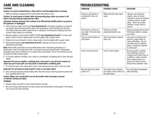 Page 7
1211
CARE	AND	CLEANING
CLEANING
Caution:	To	avoid	accidental	burns,	allow	grill	to	cool	thoroughly	before	cleaning.
1. Before cleaning, unplug grill from wall outlet and allow to cool.
Caution:	To	avoid	sparks	at	outlet	while	disconnecting	plug,	make	sure	power	is	off	
before	disconnecting	the	plug	from	the	outlet.
Important:	heating	elements	will	continue	to	be	ON	until	the	On/Off	switch	is	pressed	or	
the	appliance	is	unplugged.
2. Place drip tray under front of grill (see	illustration	D). Use plastic...
