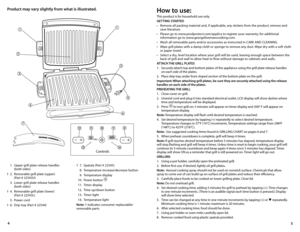 Page 35
4
Product may vary slightly from what is illustrated. 
 
1. Upper grill plate release handles  
    (both sides) 
†  2.  Removable grill plate (upper)  
    (Part # 22543U)
  3.  Lower grill plate release handles  
    (both sides) 
†  4.  Removable grill plate (lower)  
    (Part # 22543L) 
  5.  Power cord
†  6.  Drip tray (Part # 22544) † 
7.  Spatula (Part # 22545)
  8.  Temperature increase/decrease button
  9.  Temperature display
  10.  Power button 
 11.  Timer display
  12.  Time up/down...