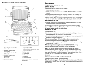 Page 3
43
Product	may	vary	 slightly	 from	what	 is	illustrated.	
  1. Upper grill plate release handles      (both sides) 
† 2.  Removable grill plate (upper)      (Part # 22543U)
 3.  Lower grill plate release handles      (both sides) 
† 4.  Removable grill plate (lower)      (Part # 22543L) 
 5.  Power cord
† 6.  Drip tray (Part # 22544)
† 7.  Spatula (Part # 22545)
 8.  Temperature increase/decrease button
 9.  Temperature display
 10.  Power button
 11.  Timer display
 12.  Time up/down button
 13....