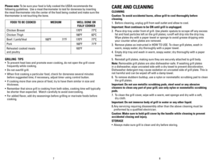 Page 5
87
CARE	AND 	CLEANING
CLEANING
Caution:	To	avoid	accidental	burns,	allow	grill	to	cool	thoroughly	before	
cleaning.
1.  Before cleaning, unplug grill from wall outlet and allow to cool.
Important:	heat	continues	to	be	ON	until	grill	is	unplugged.
2. Place drip tray under front of grill. Use plastic spatula to scrape off \
any excess 
fat and food particles left on the grill plates; runoff will drip into the drip tray. 
Wipe plates dry with a paper towel or sponge to avoid grease dripping on\
to 
your...