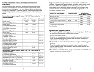 Page 9
1615
Tenga	en 	cuenta: 	Para asegurarse de que su alimento esté completamente 
cocinado, el Departamento de Agricultura de los Estados Unidos (United States 
Department of Agriculture, USDA) recomienda las siguientes pautas. Para 
comprobar el termino de cocción de las carnes, inserte un termómetro para 
carnes en el centro del alimento que esté cocinando y asegúrese de que el 
termómetro no toque el hueso.
CONSEJOS	 PARA	ASAR	 A	LA	 PLANChA
• Para impedir la pérdida de calor y generar una cocción...