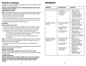 Page 17
3231
Entretien	et 	nettoyage
Ce produit ne contient aucune pièce pouvant être entretenue par l’utilisateur. Confier 
l’entretien à un technicien qualifié.
Important 	:	Toujours 	débrancher 	et 	laisser 	refroidir 	complètement 	l’appareil 	avant	
de 	jeter 	l’huile 	et 	de 	le 	nettoyer.
CONSERVATION 	DE 	L’ h UILE
Note 	: Il n’est pas nécessaire de changer l’huile après chaque utilisation. L’huile peut 
être réutilisée jusqu’à ce qu’elle devienne foncée ou contienne des débris visibles 
(comme de la...