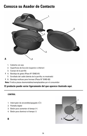 Page 1414
El producto puede variar ligeramente del que aparece ilustrado aquí.
 1.  Cubierta con asa 
  2.  Superficies de Cocción (superior e inferior)
  3.  Cuerpo de la parrilla
†  4.  Bandeja de goteo (Pieza N° GV6S-01)
  5  Enrollado del cable (detrás de la parrilla; no mostrado)
†  6.  Bandeja multiuso para hornear (Pieza N° GV6S-02)
Nota:  † indica piezas desmontables/reemplazables por el consumidor
1.
6.
4.
3.
2.
+_
1.
4.3.
2.
1. Interruptor de encendido/apagado ()
2.  Pantalla digital
3.  Botón para...