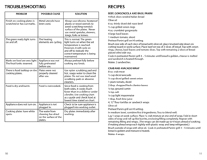 Page 611
10
TROUBLEShOOTING
PROBLEM
POSSIBLE CAUSE SOLUTION
Finish on cooking plates is 
scratched or has cut marks. Metal utensils have 
been used.Always use silicone, heatproof 
plastic or wood utensils to 
avoid scratching nonstick 
surface	
of	the	 plates.		 Never	
use metal spatulas, skewers, 
tongs, forks or knives.
The green ready light turns 
on and off. The heating 
elements are cycling. This is normal. The green 
light turns on when the set 
temperature is reached. 
However, it will cycle on 
and off...
