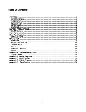 Page 5
 
  5
 
Table Of Contents 
    
PREFACE........................................................................\
................................................
....3 
INTRODUCTION ........................................................................\
......................................3 
PLACEMENT........................................................................\
............................................3 
BURN IN TIME...