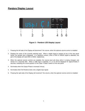 Page 9
Pandora Display Layout 
 
 
 
 
 
  
 
 
Figure 3 – Pandora LED Display Layout   
 
 
 
1.  Pressing the left side of the Display will decrement* the volume, when the optional volume control is installed. 
 
2.  Displays the name of the currently selected input.  When a digital signal  is present at any of the rear panel 
inputs, the sample rate is displayed.  In a Signature  version, when a DSD or DSD2X signal is detected, this 
part of the display will read DSD or DSD2, respectively. 
 
3.  When the...