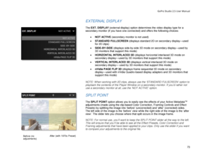 Page 77GoPro Studio 2.5 User Manual 
EXTERNAL  DISPLAY 
 
The EXT. DISPLAY (external display) option determines the video display type for a 
secondary monitor (i f you have one connected) and offers the following choices:  
 
•  NOT ACTIVE  (secondary monitor is not used)  
•   STANDARD FULLSCREEN  (displays standard 2D on secondary display —used 
for 2D clips)  
•   SIDE- BY-SIDE  (displays side -by -side 3D mode on secondary display —used  by 
3D monitors that support this mode)  
•   HORIZONTAL INTERLACED...