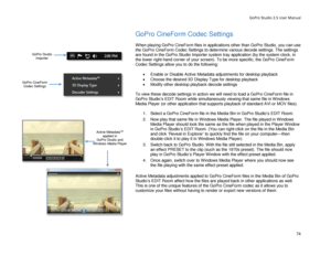 Page 78GoPro Studio 2.5 User Manual 
GoPro CineForm Codec Settings 
 
When playing GoPro CineForm files in applications other than GoPro Studio, you can use 
the GoPro CineForm Codec S ettings to determine various decode settings.  The settings 
are found in the GoPro Stu dio Importer system  tray  application (by the system clock, in 
the lower right -hand corner of your screen). T o be more specific, the GoPro CineForm 
Codec Settings allow  you to do the following:  
 
•  Enable or Disable Active  Metadata...