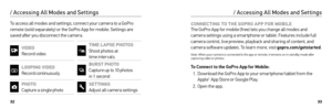 Page 173233
/ Accessing All Modes and Settings
To access all modes and settings, connect your camera to a GoPro 
remote (sold separately) or the GoPro App for mobile. Settings are 
saved after you disconnect the camera.
VIDEO 
Record videoTIME LAPSE PHOTOS  
Shoot photos at   
time intervals
LOOPING VIDEO  
Record continuouslyBURST PHOTO  
Capture up to 10 photos   
in 1 second
PHOTO  
Capture a single photoSETTINGS  
Adjust all camera settings CONNECTING TO THE G
OPRO A PP FOR MOBILE  
The GoPro App for mobile...