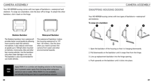 Page 20caMera asseMbly 
Your HD HERO2 housing comes with two types of backdoors—waterproof and 
skeleton. To swap out a backdoor, click the door off its hinge. To attach the other 
backdoor, click it back on the hinge. 
skeleton Backdoor Waterproof Backdoor
The Skeleton backdoor (non-waterproof) 
provides better sound quality by allowing 
more sound to reach the camera’s 
microphone. It also reduces wind noise 
at speeds up to 100mph when mounted 
on helmets, motorcycles, bike and other 
fast-moving vehicles....