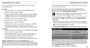 Page 40transfert De fIcHIers
pouR tRAnsFÉRER  DEs FicHiERs viDÉo Et pHotos vERs   
un oRDinA tEuR : 
sur un pc :
1. Connectez la caméra à un ordinateur à l’aide du câble USB compris.
2. Allumez la caméra en appuyant sur 
.
3.   Sur votre PC, cliquez deux fois sur Mon ordinateur et localisez l’icône de 
« Disque amovible ». Si vous ne la voyez pas, fermez le répertoire Mon 
ordinateur et rouvrez-le. L’icône « Disque amovible » doit apparaître. 
4. Cliquez deux fois sur l’icône « Disque amovible ». 
5. Cliquez...
