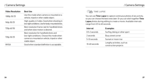 Page 142627
Video ResolutionBest Use
10 8 0 p 3 0/2 5 Use this mode when camera is mounted on a 
vehicle, tripod or other stable object.
960p 30/25 High-quality 4:3 video. Good when shooting in
 
low-light conditions. Use for body-mounted shots.
720p 60/50 Best resolution frame rate for handheld shots 
and when slow motion is desired.
720p 30/25 Best resolution for handheld shots and 
low-light conditions. Choose this mode when 
camera is mounted on vehicle, tripod or other 
stable object.
WVGA Good when...