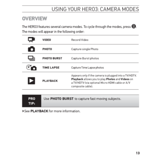 Page 1313
oVerVieW
The HERO3 features several camera modes. To cycle through the modes, press .  The modes will appear in the following order:   
ViD eoRecord Video
PhotoC apture single Photo
Photo B urstC apture Burst photos
time LAP seC apture Time Lapse photos
P L AY B A C KAppears only if the camera is plugged into a T V/HDT V. 
Playback allows you to play Photos  and Videos on 
a T V/HDT V (via optional Micro HDMI cable or A / V 
composite cable).
Pro  
tiP: Use Photo Burst to capture fast moving...