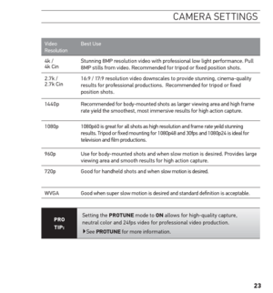 Page 2323
camera settinGs
Video  
ResolutionBest Use
4k / 
4k Cin Stunning 8MP resolution video with professional low light performance. Pull 
8MP stills from video. Recommended for tripod or fixed position shots.  
2.7 k / 
2.7 k Cin 16:9 / 17: 9
 resolution video downscales to provide stunning, cinema-quality 
results for professional productions.  Recommended for tripod or fixed 
position shots.
14 4 0 p Recommended for body-mounted shots as larger viewing area and high frame 
rate yield the smoothest, most...