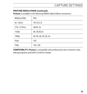 Page 3737
caPture settinG s
 
Protune resoLutions (continued):  
Protune is available in the following HERO3: Black Edition resolutions:
RESOLUTION FPS
4k / 4kCin 15/12.5,12
2.7k / 2.7kCin 30/25, 24
1440p 48, 30,25,24
1080p 60, 50, 48, 30, 25, 24
960p 100
720p 120, 100
ComPA tiBiLitY:  Protune is compatible with professional color correction tools, 
editing programs and GoPro CineForm Studio.  