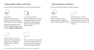 Page 8/ Playing Back Videos and Photos
There are several ways to play back your videos and view your photos.
/ Sharing Videos and Photos
There are a few ways to share your videos and photos.
COMPUTER
Connect the camera to your 
computer with the included USB  
cable to transfer content for playback.
For help accessing your GoPro 
content, download the latest GoPro 
software at gopro.com/getstarted .
SMARTPHONE + TABLET
Use the GoPro App to play back 
content on your smartphone   
or tablet. For more info, see...