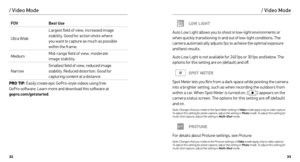 Page 173233
FOVBest Use
Ultra Wide Largest field of view, increased image 
stability. Good for action shots where 
 
you want to capture as much as possible 
within the frame. 
Medium Mid-range field of view, moderate  
image stability.
Narrow Smallest field of view, reduced image 
stability. Reduced distor tion. Good for 
capturing content at a distance.
PRO TIP : Easily create epic GoPro-style videos using free   
GoPro software. Learn more and download this software at   
gopro.com/getstarted .
/ Video Mode...