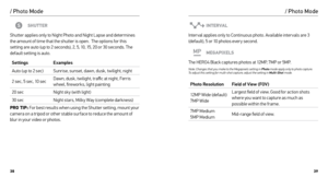 Page 203839
SHUTTER
Shutter applies only to Night Photo and Night Lapse and determines 
the amount of time that the shutter is open.  The options for this 
setting are auto (up to 2 seconds), 2, 5, 10, 15, 20 or 30 seconds. The 
default setting is auto.
Settings Examples
Auto (up to 2 sec) Sunrise, sunset, dawn, dusk, twilight, night
2 sec, 5 sec, 10 sec Dawn, dusk, twilight, traffic at night, Ferris 
wheel, fireworks, light painting
20 sec Night sky (with light)
30 sec Night stars, Milky Way (complete...