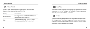 Page 346667
Video Format
The NTSC/PAL settings govern frame rates for recording and 
playback when viewing video on a T V/HDT V.
Setting Description
NTSC (default) Viewing video on an NTSC T V/HDT V (most 
televisions in Nor th America)
PAL Viewing video on a PAL T V/HDT V (most 
televisions outside of Nor th America)
/ Setup Mode
Date/Time
Your camera’s date and time are automatically set when you connect 
your camera to the GoPro App or GoPro Studio. This setting lets you 
manually set the date and time, if...