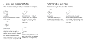 Page 8/ Playing Back Videos and Photos
There are several ways to play back your videos and view your photos.
/ Sharing Videos and Photos
There are a few ways to share your videos and photos.
CAMERA
Play back content on the camera’s 
touch display.
COMPUTER
Connect the camera to your 
computer with the included USB 
cable to transfer content for playback.
For help accessing your GoPro 
content, download the latest GoPro 
software at gopro.com/getstarted . COMPUTER
Connect the camera to your 
computer with the...