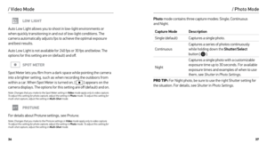 Page 193637
/ Video Mode
LOW LIGHT
Auto Low Light allows you to shoot in low-light environments or   
when quickly transitioning in and out of low-light conditions. The 
camera automatically adjusts fps to achieve the optimal exposure   
and best results. 
Auto Low Light is not available for 240 fps or 30 fps and below. The 
options for this setting are on (default) and off.
SPOT METER
Spot Meter lets you film from a dark space while pointing the camera 
into a brighter setting, such as when recording the...