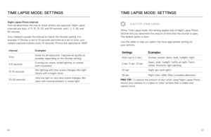 Page 316061
Night Lapse Photo Interval
Interval determines the rate at which photos are captured. Night Lapse 
intervals are Auto, 4, 5, 10, 15, 20, and 30 seconds, and 1, 2, 5, 30, a\
nd  
60 minutes. 
Auto (default) causes the Interval to match the Shutter setting. For 
example, if Shutter is set to 10 seconds and Interval is set to Auto, yo\
ur 
camera captures a photo every 10 seconds. Photos are captured at 12MP.
Interval Examples
Auto Great for all exposures. Captures as quickly as 
possible, depending on...