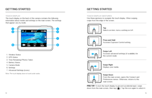 Page 81415
GETTING STARTED
TOUCH DISPLAY 
The touch display on the back of the camera contains the following 
information about modes and settings on the main screen. The settings   
that appear vary by mode. 
134
6
7
5
2
1.  Wireless Status
2.  GPS Status
3.  Time Remaining/Photos Taken
4.  Battery Status
5.  Camera Mode
6.  Settings
7.  Advanced Settings (icons)
Note: The touch display does not work under water.
GETTING STARTED
TOUCH DISPLAY GESTURES  
Use these gestures to navigate the touch display. When...