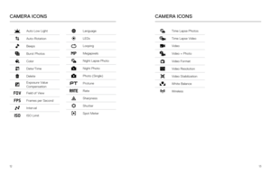 Page 71213
Auto Low Light
Auto-Rotation
Beeps
Burst Photos
Color
Date/Time
Delete
Exposure Value  
Compensation
Field of View
Frames per Second
Interval
ISO Limit
CAMERA ICONS
Language
LEDs
Looping
Megapixels
Night Lapse Photo
Night Photo
Photo (Single)
Protune
Rate
Sharpness
Shutter
Spot Meter
CAMERA ICONS
Time Lapse Photos
Time Lapse Video
Video
Video + Photo
Video Format
Video Resolution
Video Stabilization
White Balance
Wireless 