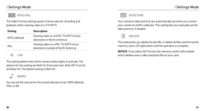 Page 163031
/ Settings Mode
NTSC/PAL
The Video Format settings govern frame rates for recording and 
playback when viewing video on a T V/HDT V.
Setting Description
NTSC (default) Viewing video on a NTSC T V/HDT V (most 
televisions in Nor th America)
PAL Viewing video on a PAL T V/HDT V (most 
televisions outside of Nor th America)
LED
This setting determines which camera status lights to activate. The 
options for this setting are Both On (front and rear), Both Off, Front On, 
and Rear On. The default setting...