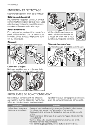 Page 18ENTRETIEN ET NETTOYAGE
Débranchez l’appareil avant de le nettoyer.
Détartrage de l’appareil
Pour détartrer lappareil, utilisez un produit
non corrosif conçu pour les lave-linge. Lisez
attentivement létiquette (quantités recom-
mandées et fréquence du détartrage).
Parois extérieures
Pour nettoyer les parois extérieures de lap-
pareil, utilisez de leau chaude savonneuse.
Nutilisez jamais dalcool, de produits abra-
sifs ou caustiques.
Réservoir
Pour le nettoyage, procédez comme suit :
1
 
2
Collecteur...