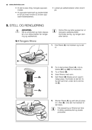Page 40• At det brukes riktig mengde oppvask-
middel.
• At oppvaskmaskinsalt og skyllemiddel
er fylt på (med mindre du bruker opp-
vaskmiddeltabletter).• Lokket på saltbeholderen sitter stramt
på.
9. STELL OG RENGJØRING
ADVARSEL
Slå av produktet og trekk støpse-
let ut av stikkontakten før rengjø-
ring og vedlikehold.Skitne filtre og tette spylearmer vil
redusere vaskeresultatet.
Kontroller jevnlig, og rengjør dem
etter behov.
9.1 Rengjøre filtrene
C
BA
1.Drei filteret (A) mot klokken og ta det
ut.
A1
A2
2.For...