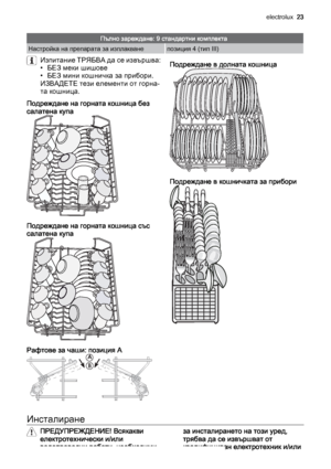 Page 23Пълно зареждане: 9 стандартни комплекта
Настройка на препарата за изплакванепозиция 4 (тип III)
Изпитание ТРЯБВА да се извършва:
•БЕЗ меки шишове
• БЕЗ мини кошничка за прибори.
ИЗВАДЕТЕ тези елементи от горна‐
та кошница.
Подреждане на горната кошница без
салатена купа
Подреждане на горната кошница със
салатена купа
Рафтове за чаши: позиция A
Подреждане в долната кошница
Подреждане в кошничката за прибори
Инсталиране
ПРЕДУПРЕЖДЕНИЕ! Всякакви
електротехнически и/или
водопроводни работи, необходимиза...