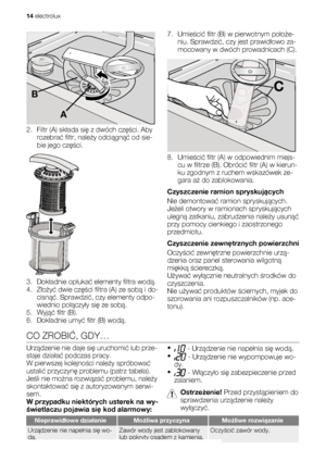 Page 14A
B
2. Filtr (A) składa się z dwóch części. Aby
rozebrać filtr, należy odciągnąć od sie-
bie jego części.
3. Dokładnie opłukać elementy filtra wodą.
4. Złożyć dwie części filtra (A) ze sobą i do-
cisnąć. Sprawdzić, czy elementy odpo-
wiednio połączyły się ze sobą.
5. Wyjąć filtr (B).
6. Dokładnie umyć filtr (B) wodą.7. Umieścić filtr (B) w pierwotnym położe-
niu. Sprawdzić, czy jest prawidłowo za-
mocowany w dwóch prowadnicach (C).
C
8. Umieścić filtr (A) w odpowiednim miejs-
cu w filtrze (B). Obrócić...