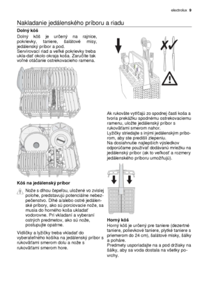 Page 9electrolux  9 
  
Nakladanie jedálenského príboru a riadu  
 
Dolný kôš 
 
Dolný  kôš  je  ur čený  na  rajnice, 
pokrievky,  taniere,  šalátové  misy,  
jedálenský príbor a pod.
 Servírovací riad a ve ľké pokrievky treba 
ukla-da ť okolo okraja koša. Zaru číte tak 
vo ľné otá čanie ostrekovacieho ramena.
 
               
 Ak rukoväte vytŕčajú zo spodnej časti koša a   tvoria prekáku spodnému ostrekovaciemu   ramenu, ulote jedálenský príbor s   rukovä ťami smerom nahor.   Lyičky striedajte s inými...