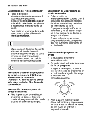 Page 2424electroluxuso diario
Cancelación de un programa de
lavado en marcha
Pulse el botón de
inicio/cancelacióndurante unos 5
segundos. Se apaga el indicador
de inicio/cancelación y destellan
los indicadores de fase.
El programa en ejecución se ha
cancelado y ya es posible elegir
un nuevo programa de lavado o
apagar la máquina.
Si va a seleccionar un nuevo
programa de lavado, compruebe
que hay suficiente detergente en
el distribuidor.
Finalización del programa de
lavado
El lavavajillas se detiene...