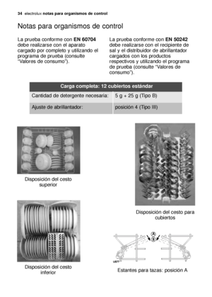 Page 3434electroluxnotas para organismos de control
Notas para organismos de control
La prueba conforme con EN 60704
debe realizarse con el aparato
cargado por completo y utilizando el
programa de prueba (consulte
“Valores de consumo”).La prueba conforme con EN 50242
debe realizarse con el recipiente de
sal y el distribuidor de abrillantador
cargados con los productos
respectivos y utilizando el programa
de prueba (consulte “Valores de
consumo”).
Carga completa: 12 cubiertos estándar
5 g + 25 g (Tipo B)
Ajuste...