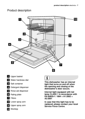 Page 7product description electrolux  7
Product description
Upper basket
Water hardness dial
Salt container
Detergent dispenser
Rinse aid dispenser
Rating plate
Filters
Lower spray arm
Upper spray arm
Worktop1
2
3
4
5
6
7
8
9
10
This dishwasher has an internal
light that turns on and off when
the opening and closing of the
dishwasher’s door occurs.
Internal light equipped with led
lamp CLASS 1 in accordance with
EN 60825-1: 1994 + A1:2002 +
A2:2001
In case that this light has to be
replaced, please contact...