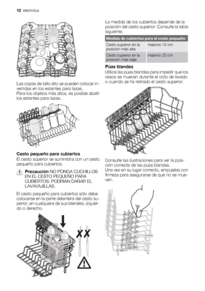 Page 12Las copas de tallo alto se pueden colocar in-
vertidas en los estantes para tazas.
Para los objetos más altos, es posible abatir
los estantes para tazas.
Cesto pequeño para cubiertos
El cesto superior se suministra con un cesto
pequeño para cubiertos.
Precaución NO PONGA CUCHILLOS
EN EL CESTO PEQUEÑO PARA
CUBIERTOS. PODRÍAN DAÑAR EL
LAVAVAJILLAS.
El cesto pequeño para cubiertos sólo debe
colocarse en la parte delantera del cesto su-
perior, en cualquiera de sus laterales, izquier-
do o derecho.
La medida...