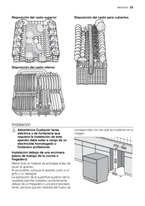 Page 23Disposición del cesto superior
Disposición del cesto inferior
Disposición del cesto para cubiertos
Instalación
Advertencia Cualquier tarea
eléctrica o de fontanería que
requiera la instalación de este
aparato debe estar a cargo de un
electricista homologado o
fontanero profesional.
Instalación debajo de una encimera
(plano de trabajo de la cocina o
fregadero)
Retire todo el material de embalaje antes de
situar el aparato.
Si es posible, coloque el aparato junto a un
grifo y un desagüe.
La extracción de...