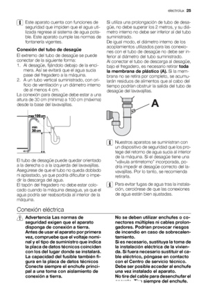 Page 25Este aparato cuenta con funciones de
seguridad que impiden que el agua uti-
lizada regrese al sistema de agua pota-
ble. Este aparato cumple las normas de
fontanería vigentes.
Conexión del tubo de desagüe
El extremo del tubo de desagüe se puede
conectar de la siguiente forma:
1. Al desagüe, fijándolo debajo de la enci-
mera. Así se evitará que el agua sucia
pase del fregadero a la máquina.
2. A un tubo vertical suministrado, con ori-
ficio de ventilación y un diámetro interno
de al menos 4 cm.
La...