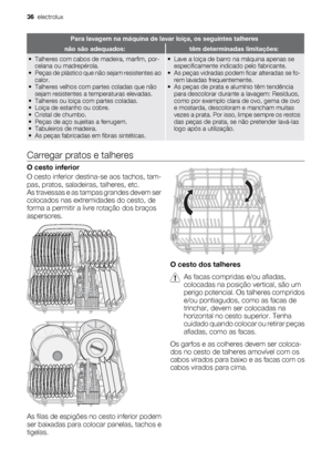 Page 36Para lavagem na máquina de lavar loiça, os seguintes talheres
não são adequados:têm determinadas limitações:
• Talheres com cabos de madeira, marfim, por-
celana ou madrepérola.
• Peças de plástico que não sejam resistentes ao
calor.
• Talheres velhos com partes coladas que não
sejam resistentes a temperaturas elevadas.
• Talheres ou loiça com partes coladas.
• Loiça de estanho ou cobre.
• Cristal de chumbo.
• Peças de aço sujeitas a ferrugem.
• Tabuleiros de madeira.
• As peças fabricadas em fibras...