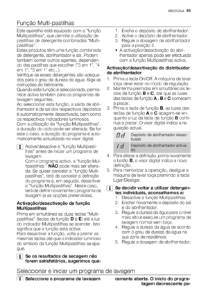 Page 41Função Multi-pastilhas
Este aparelho está equipado com a função
Multipastilhas, que permite a utilização de
pastilhas de detergente combinadas Multi-
pastilhas.
Estes produtos têm uma função combinada
de detergente, abrilhantador e sal. Podem
também conter outros agentes, dependen-
do das pastilhas que escolher (3 em 1, 4
em 1, 5 em 1 etc...).
Verifique se esses detergentes são adequa-
dos para o grau de dureza da água. Siga as
instruções do fabricante.
Quando esta função é seleccionada, perma-
nece...