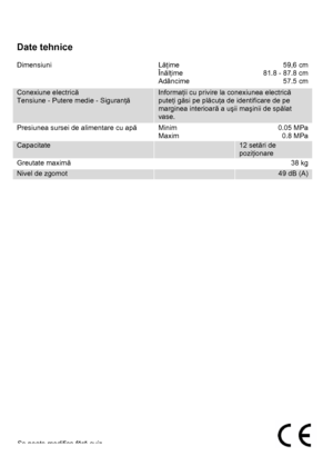 Page 33 
 
Date tehnice 
 
Dimensiuni  
 Lăţime 
Înălţime 
Adâncime 59,6 cm 
81.8 - 87.8 cm 
57.5 cm 
Conexiune electrică 
Tensiune - Putere medie - Siguranţă 
Informaţii cu privire la conexiunea electrică 
puteţi găsi pe plăcuţa de identificare de pe 
marginea interioară a uşii maşinii de spălat 
vase. 
Presiunea sursei de alimentare cu apă Minim 
Maxim 0.05 MPa 
0.8 MPa 
Capacitate  12 setări de 
poziţionare 
Greutate maximă   38 kg 
Nivel de zgomot  49 dB (A)...