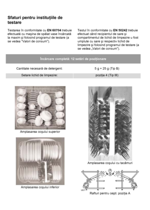 Page 35 
 
Sfaturi pentru instituţiile de 
testare 
 
Testarea în conformitate cu EN 60704 trebuie 
efectuată cu maşina de spălat vase încărcată 
la maxim şi folosind programul de testare (a 
se vedea “Valori de consum”).  
 
 
 
 
Testul în conformitate cu EN 50242 trebuie 
efectuat când recipientul de sare şi 
compartimentul de lichid de limpezire u fost 
umplute cu sare şi respectiv lichid de 
limpezire şi folosind programul de testare (a 
se vedea „Valori de consum”).  
 
Încărcare completă: 12 setări de...